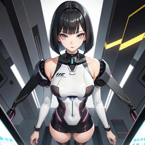 Prompt: a lonely AI girl, very tall, thick thighs, wide hips, long legs, slender waist, big beautiful symmetrical eyes, intriguingly beautiful face, aloof expression, bob haircut with bangs, 90's Computer Graphics render style, 12K resolution, hyper quality, hyper-detailed, depth of field