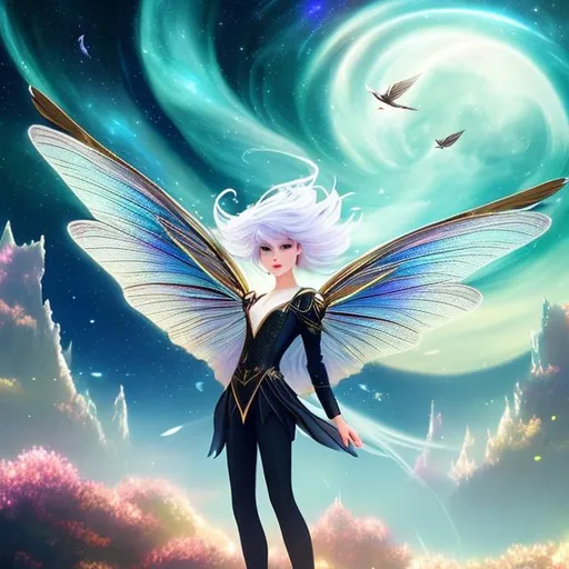 Prompt: masterpiece, illustration, best quality), Beautiful androgynous, with wings, pixie style haircut, a field of stars on a foreign planet 