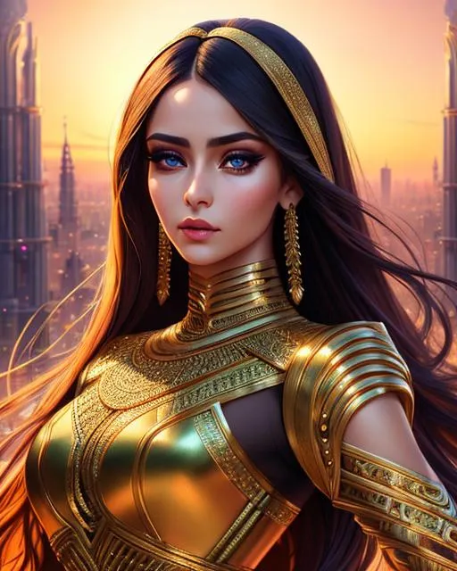 Prompt: Hyperdetailed, Digital Painting, Artistic, Detailed Face, Beautiful, Intricate detailing, Extremely beautiful, sharp focus, attractive, gorgeous, UHD, 4K, 8K, Detailed Skin, Detailed Features, In Style of Charlie Bowater, Portrait of a Female, Fashion Portrait, Middle Eastern Ethnicity, Close-up Portrait, Khaki Outfit, Confident Pose, Futuristic City Background, Wide Angle Camera, Asymmetric Symmetry, Palette Knife Style, Trending on Artstation, ArtstationHQ