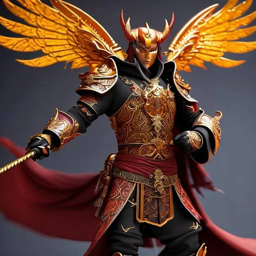 Prompt: Warm colors, 3D, HD, Epic, Gritty, a tiefling heavy metal guitarist with metallic wings, wearing traditional Chinese garb