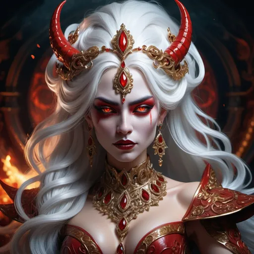 Prompt: Female demon, striking red skin, flowing white hair, adorned in lavish, intricate royal attire, exuding an air of power and elegance, adorned with ornate jewelry and accessories, set against a dramatic, shadowy background, evoking a sense of mystique and allure, high detail, vibrant colors, fantasy realm ambiance.