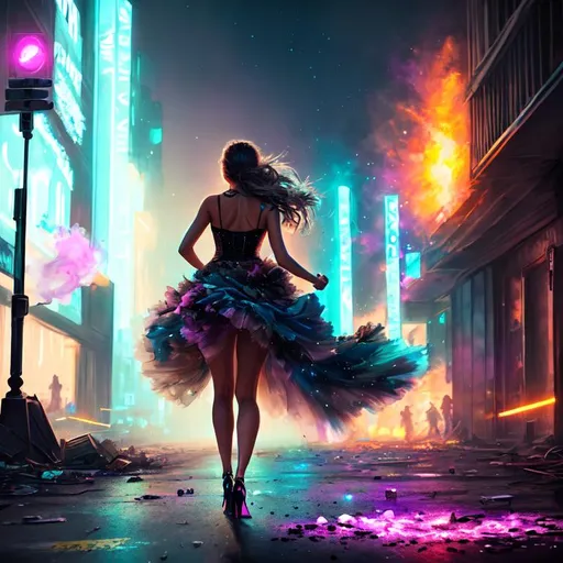 Prompt: bust painting of a woman, running, torn clothing, long gown, high heels, nighttime, post apocalyptic city street, cyberpunk, ruins, trash, galaxy, soft light, pastel colors, explosions, street on fire, muted color scheme, art, painting, fireflies