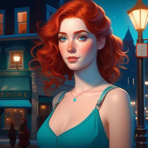 Prompt: Third person, gameplay, Canadian girl, pale skin, freckles, curly red hair, teal eyes, 2020s, smartphone, streets of Quebec City at night, fog, blue atmosphere, cartoony style, extremely detailed painting by Greg Rutkowski and by Henry Justice Ford and by Steve Henderson 

