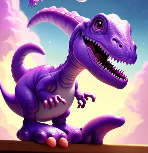 Prompt: Create an image of  acute  purple  baby dinosaur with rosy cheeks, big bubbly eyes , playful expression  for a kids illustration book that's sitting and playing with his pencil make it detailed cute trending on artstation and an award winning poster art painting 8k high resolution dreamy heavenly setting fantasy magical 