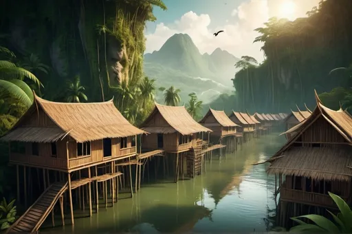 Prompt: Fantasy Illustration of a big djungle settlement, wooden malay houses, surrounded by a river, on stilts, Vernacular roof made from bamboo, birdview, dramatic fantasy settlement scene, cinematic lighting