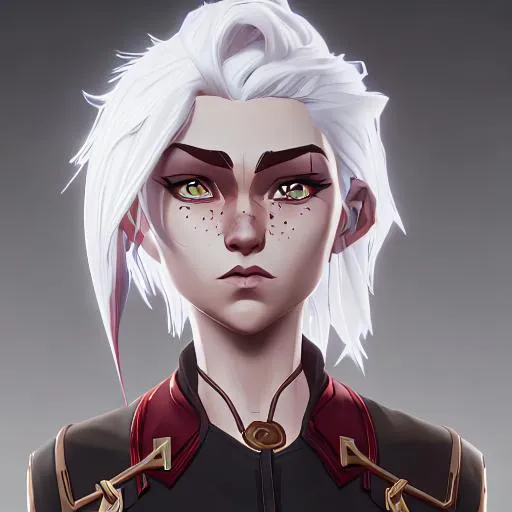 Prompt: White hair, pale skin, red eyes, beautiful, light freckles, young woman, slightly smiling, round face