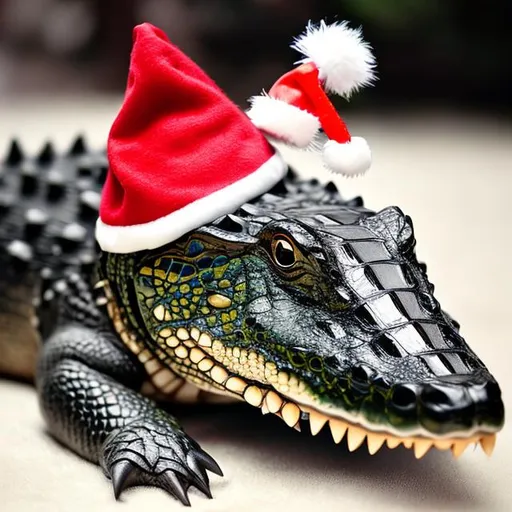 Prompt: An actual alligator wearing a Santa hat, realistic and cute