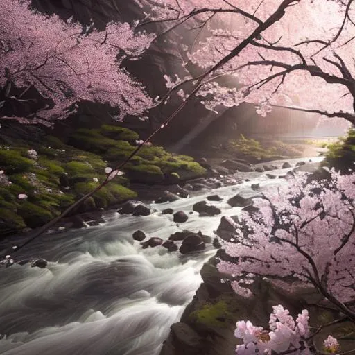 Prompt: fantastic photo of a river coming from a canyon in early morning of spring, god rays highlight the Cherry bloom and rose growing beside the river. UHD 8k DSLR Photo with Pentex by Wayne Barlowe and Jim Burn, The Lord of the Rings. 