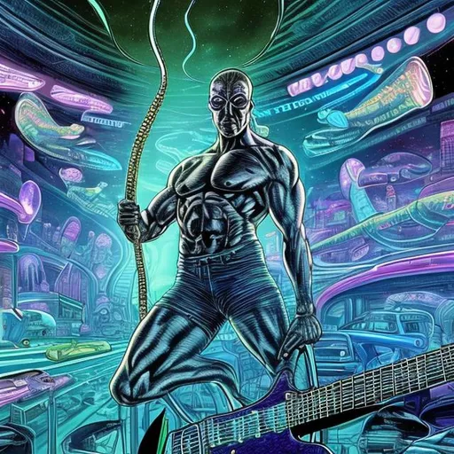 Prompt: Bodybuilding paramecium, playing guitar for tips in a busy alien mall, widescreen, infinity vanishing point, galaxy background