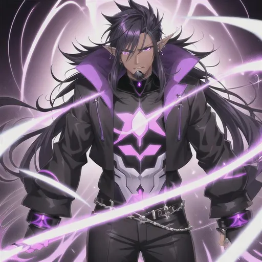 Prompt: anime boy mature dark skin black and purple hair black and purple eyes black and purple eyes icy smug death stare elf ears arms crossed black jacket magic power pose abs strong piercings short beard