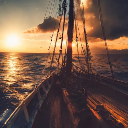Prompt: ship, ocean, sailing into sunset, wood, medival, waves, wind, nostalgic, clouds, sun rays, ambient light, perspective: looking from the ship into the sunset