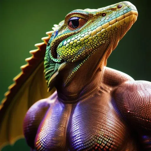Prompt: portrait, photorealistic, highly detailed, unreal engine, Anthropomorphic lizard covered in vivid scales, shirtless wearing sweatpants.