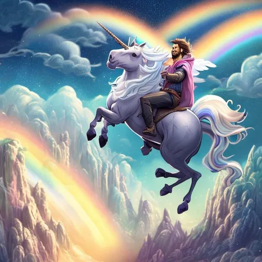 Prompt: A guy named Jonathan flying on a majestic unicorn on a rainbow with rainy weather and asgard in the background