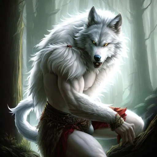 Prompt: Chiaroscuro, ((Cinematic high quality photo)), ((photorealistic full-body portrait masterpiece)) of a hyperdetailed ethereal, unnatural, white-skinned, menacing werewolf in battle stance, resembling the Druid from Diablo 2, with a small tail, long claws on fingertips, wolf hind feet, barely clothed, wearing a runic druid red clothes, standing atop a lush hill in a dark forest on a red full moon night, battling infernal monsters, unreal engine 8k octane, 3d lighting, UHD, HDR, 8K, render, HD 
