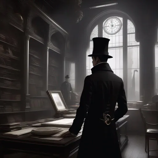 Prompt: there is a man in a hat and coat standing in a room, mtg art, a steampunk store, tall and thin, photomorph, by Gu Zhengyi, the father of sorrow and revenge, wearing top hat, inspect in inventory image, discord profile picture, incredibly skinny, npc, without text, black and white artwork, highly detailed, digital painting, artstation, hyperrealistic, sharp focus, illustration, art by artgerm and greg rutkowski and alphonse mucha, 8k, pretty eyes, award-winning cgi, blender, headshot