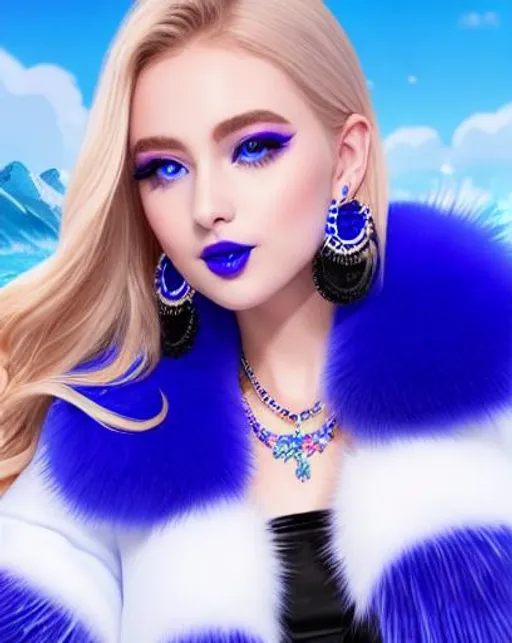 Prompt: Princess Peach eating candy ice cream, blue lipstick, snowy beach, blue heart necklaces, Thick blue fur coat, Black Cape, pleasant face, blue spiral eyes, Black-purple eyeshadow, long ice earrings. Cold color scheme, ultradetailed, 8k resolution, perfect, smooth, high quality, shiny. 