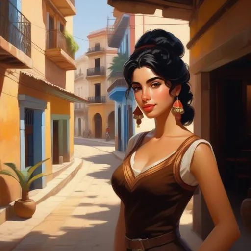 Prompt: Third person, gameplay, Cuban girl, pale skin, black hair, brown eyes, Habana Vieja, warm atmosphere, cartoony style, extremely detailed painting by Greg Rutkowski and by Henry Justice Ford and by Steve Henderson 

