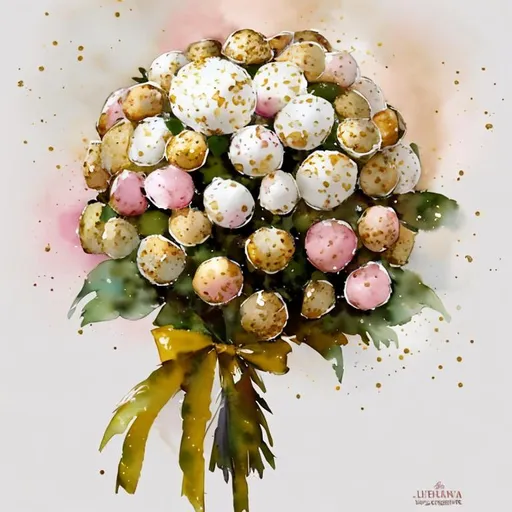 Prompt: watercolour painting art style, cute, ferrero rocher bouquet, pink and gold colours, white outline, white background, 