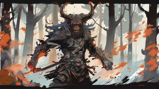 Prompt: a painting of a man in a horned costume walking through a forest, tyler jacobson art style, black bull samurai, (fire), feng zhu, watercolor painting style, photo pinterest, comic drawing style, abstract painting of man on fire, in the autumn forest, foreboding and epic, forest, gritty coloring, loose watercolor drawing, savage warrior, thumbnail