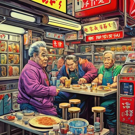 Prompt: Jack Kirby painted art. Tokyo. Ramen noodle restaurant. raining. little noodle shop. vending machine. 48 years old. fit male. jack kirby meets photorealism. colour. action. fix the hands. clarify facial expression. realistic. painted style. larger room. cooks, waiters, patrons. busy atmosphere. claymation style.