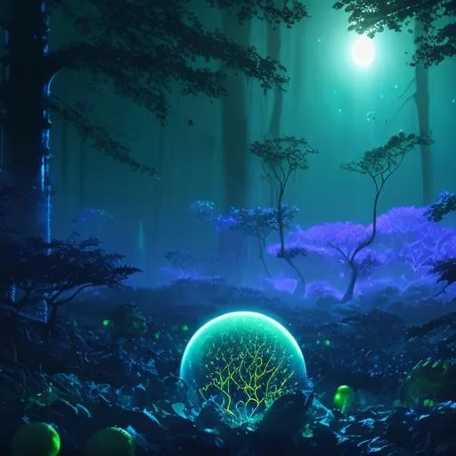 Prompt: 4K Other worldly planet with a rainy night and bioluminescent life around with glowing orbs life protrudes from the mystical forest in the background 