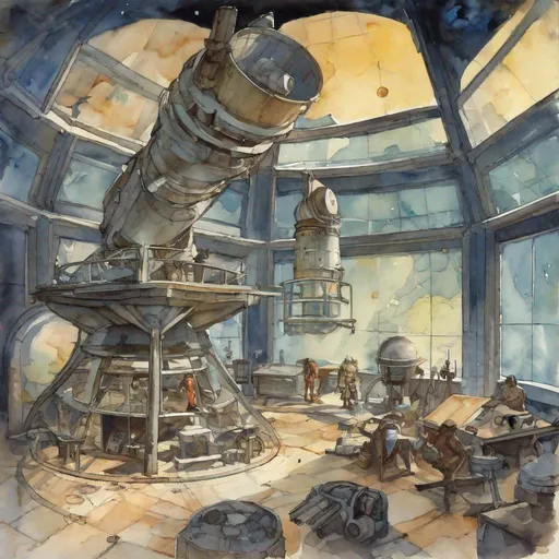 Prompt: isometric dnd battle map,night time, an observatory, interior, equipment all over the room, big glass windows, large telescope, watercolor by Frank Frazetta ssor 16:0 sav 5
-- 750 --q 2 - 