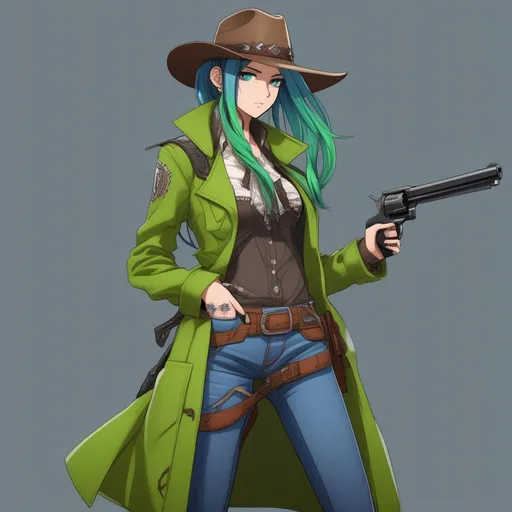 Prompt: She has a long, distinctive neon-green that fades to neon-blue hair in a ponytail, green and blue heterochromia eyes left eye green, right eye blue, wearing a long brown coat, grey vest, denim pants, black cowboy boots, holding a pistol, wearing a brown sheriff's cowboy hat, 8k, UHD, heavily detailed, anime style
