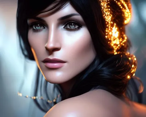 Prompt: witchcraft, face of Monica Bellucchi, ultrarealistic, flirty gaze, centerfold, magical, gorgeous, decolletage, jewelry, leather straps, fantasy environment,  portrait of head and torso,, , ultra complex, head and shoulders portrait, 4k resolution concept art portrait by Clint Cearley,   unreal engine, and ilya kuvshinov, , global illumination, detailed and intricate environment, epic, portrait, beautiful grey eyes, gorgeous, hyper detailed, , female,  trending on artstation, sharp focus, symmetry, painted, intricate, volumetric lighting, beautiful, rich deep colors masterpiece, sharp focus, ultra detailed,centered, symmetry, painted, intricate, volumetric lighting, beautiful, rich deep colors masterpiece, sharp focus, ultra detailed,