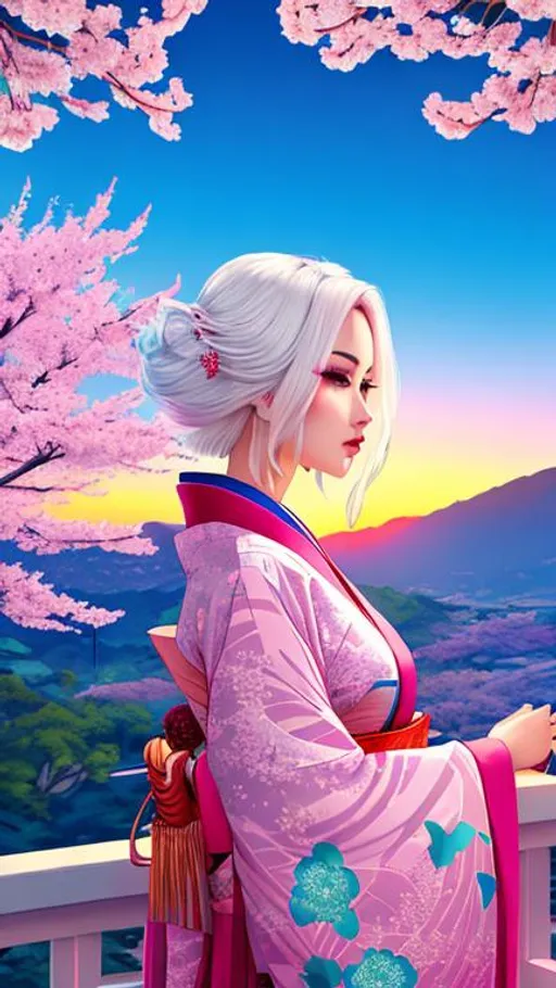 Prompt: nsfw,draw me a beautiful girl wearing a geometric kimono looking off at the sunrise. retrowave aesthetic, white hair, colorful, sakura tree, high resolution background,