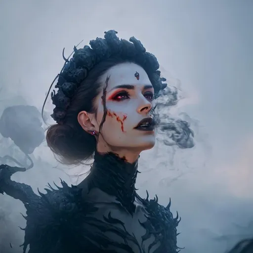 Prompt: A dark evil beautiful queen emerging from hell with skulls, lava and smoke elements, hyperrealism, photorealistic, 8k, unreal engine --ar 9:16 --niji 5 --style expressive --s 400