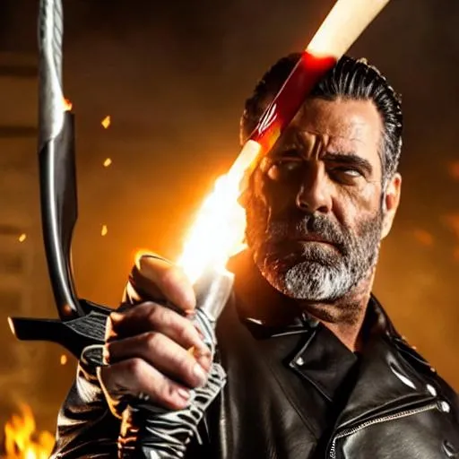 Prompt: Negan Smith with baseball bat wrapped with barbed wire fighting Doomslayer in Hell