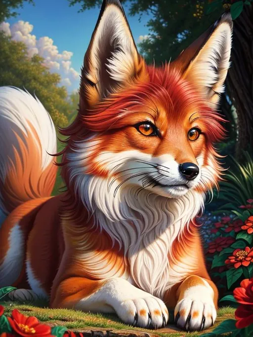 Prompt: (8k, masterpiece, oil painting, professional, UHD character, UHD background) painting of Vixey, Fox and Hound, close up, mid close up, brilliant glistening red fur, brilliant amber eyes, big sharp 8k eyes, sweetly peacefully smiling, detailed smiling face, extremely beautiful, alert, curious, surprised, cute fangs, enchanted garden, vibrant flowers, blooming sakura trees, sakura blossoms, vivid colors, lively colors, vibrant, high saturation colors, open mouth, uv face, uwu face, flower wreath, detailed smiling face, highly detailed fur, highly detailed eyes, highly detailed defined face, highly detailed defined furry legs, highly detailed background, full body focus, UHD, HDR, highly detailed, golden ratio, perfect composition, symmetric, 64k, Kentaro Miura, Yuino Chiri, intricate detail, intricately detailed face, intricate facial detail, highly detailed fur, intricately detailed mouth