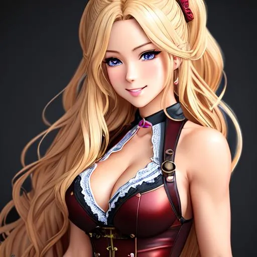 Prompt: extremely realistic, hyperdetailed, extremely long blonde wavy hair anime girl, deep red blush, smiling happily, wears steampunk clothing, toned body, showing abs midriff, highly detailed face, highly detailed eyes, full body, whole body visible, full character visible, soft lighting, high definition, ultra realistic, 2D drawing, 8K, digital art