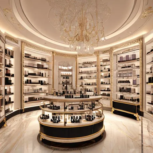 Prompt: small perfume store design, luxury, high detail, realistic,3D design.