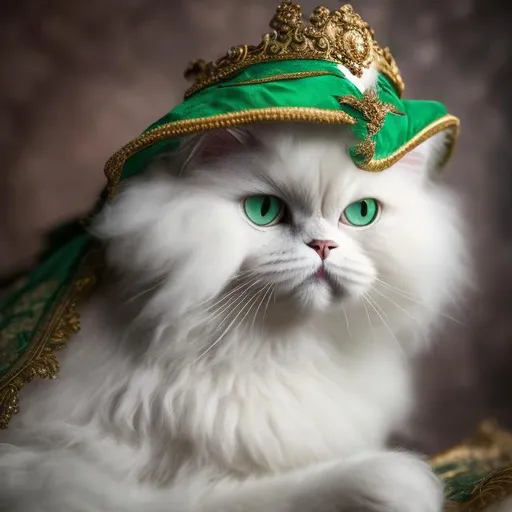 Prompt: Photo realistic image of a stunningly beautiful white Persian cat, with piercing green eyes, dressed in 1900s Renaissance clothing, complete with hat with feathered plumes, close up portrait shot, Nikon 35 mm fixed lens, natural light,