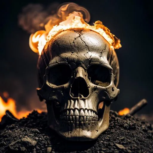 Prompt: City in war-torn destruction and overgrowth dramatic lighting cinematic shots of skulls in smoke and fire in the streets close up of human skull
 



