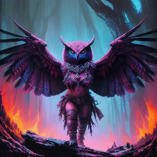 Prompt: Full body view realistic female magenta owl demon, glowing sparkling blue eyes, dripping crimson blood; visceral landscape; horror, detailed matte painting, deep colors, fantastical, intricate detail, moonlight, digital, 3d shading, acrylic, watercolors, horde3d, by Keith Thompson by Greg Rutkowski by jordan Grimmer