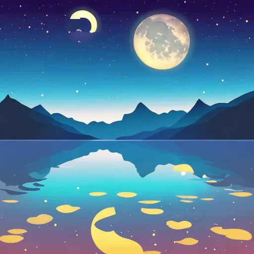 Prompt: moon night and shine front of a lake between tow mountains vector style