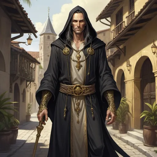 Prompt: Full body, Fantasy illustration of a male cleric, 40 years old, skinny, oliv skin, black hooded robe with golden ornaments, very long and greasy hair, stern expression, hollow shadowy eyes, hooked nose, high quality, rpg-fantasy, detailed, tropical french colonial town background