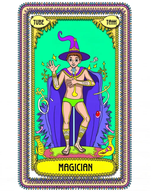 Prompt: The Magician card from tarot, classic card design, apotropaions, decorations, arabesques, curlicues, racemes, tendrils and other ornaments, John Walter