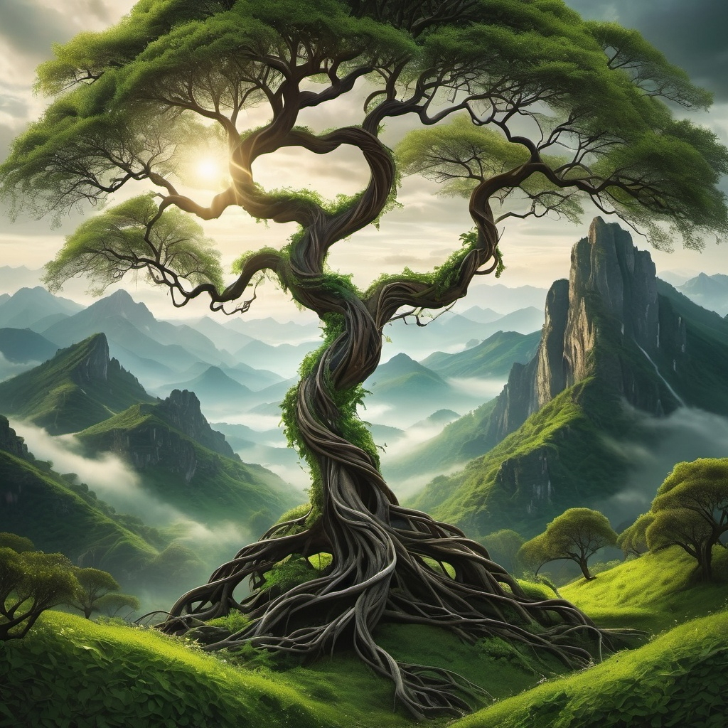A dark surreal and ethereal fusion of human and nature featuring two tree entwined in a mesmerizing