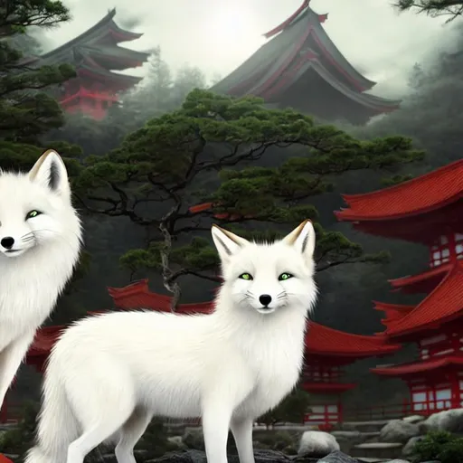 Prompt: Photorealistic, white fox with long ears, red-glowing eyes, red feet, and one very long, fluffy tail and four legs, standing on a grey rock, in front of a big, photorealistic, red japanese temple with green roof, and tall, green pine trees behind, dim light in the sky and photorealistic hanging lanterns in the foreground