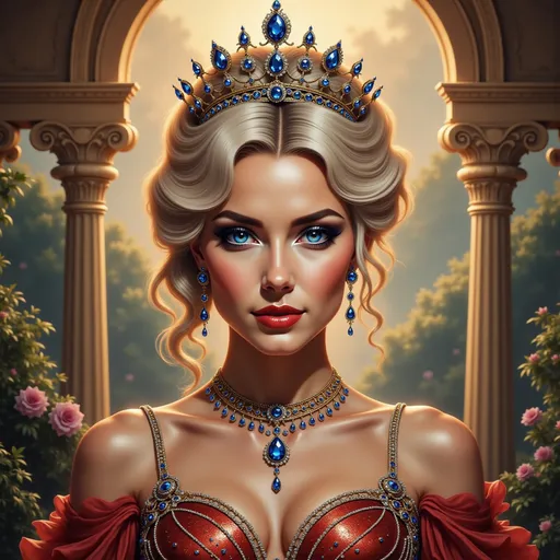 Prompt: Majestic queen, adorned in an opulent crown, flowing luxurious gown embellished with jewels, regal pose radiating confidence, warm golden light illuminating her features, surreal background of ornate architecture and lush gardens, powerful and elegant ambiance, ultra-detailed, 4K resolution, enchanting atmosphere that exudes royalty and grace.