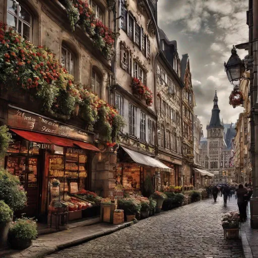 Prompt: european market street, photography, beautiful scenery