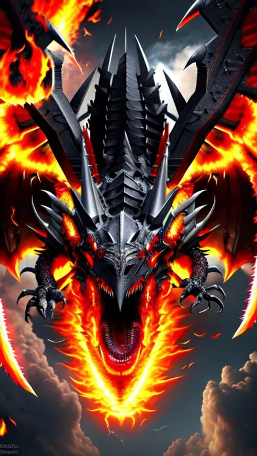 Prompt: Ultra hd ,sharp image, dragon ,huge , big wings,  in air ,  fire breath, fierce face, realistic, Armoured dragon,horrific face