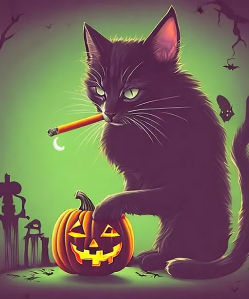 Prompt: Halloween cat smoking weed
