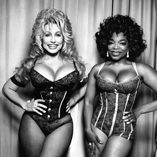 Prompt: 20 year-old busty, wide-hipped Dolly Parton beside 20 year-old busty, wide-hipped Oprah Winfrey in vintage lingerie