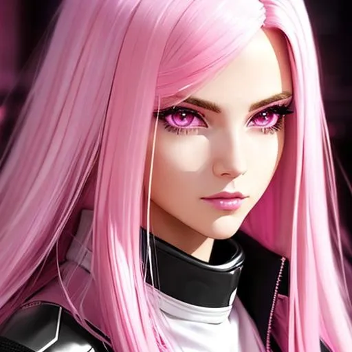 Prompt: Long light pink hair, Jacket, white crop top, boots, Black and neon pink pants, Military, pink eyes, Cyberpunk, mature, highly detailed, Masterpiece, serious expression, Technology based, Lab, Experimenting, Beautiful face, Caucasian, Icon, portrait 