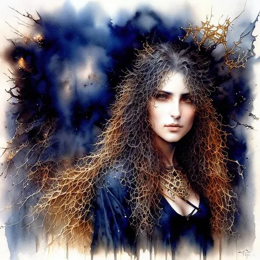 Prompt: (portrait) Luis Royo fine art, dark blue ink, gold watercolor, extremely detailed, precise execution.