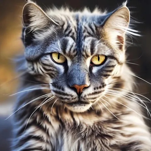 Prompt: A huge tom cat. , mottled grey hair, covered in so much scar tissue that he looks like a fist with fur on it. left eye is yellow, The right eye is pearly white, radiates genuine intelligence, 